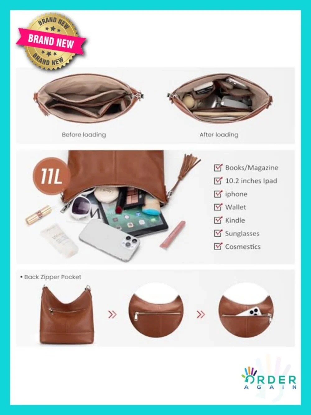 Genuine Leather Hobo Crossbody Bag with Removable Straps